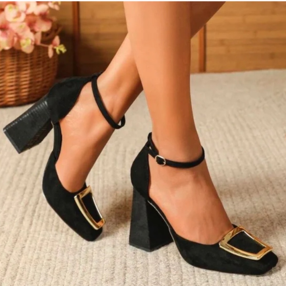 Black Suede Block Heel Closed Toe Pumps With Gold Buckle Detail Size 11 (EU 43)